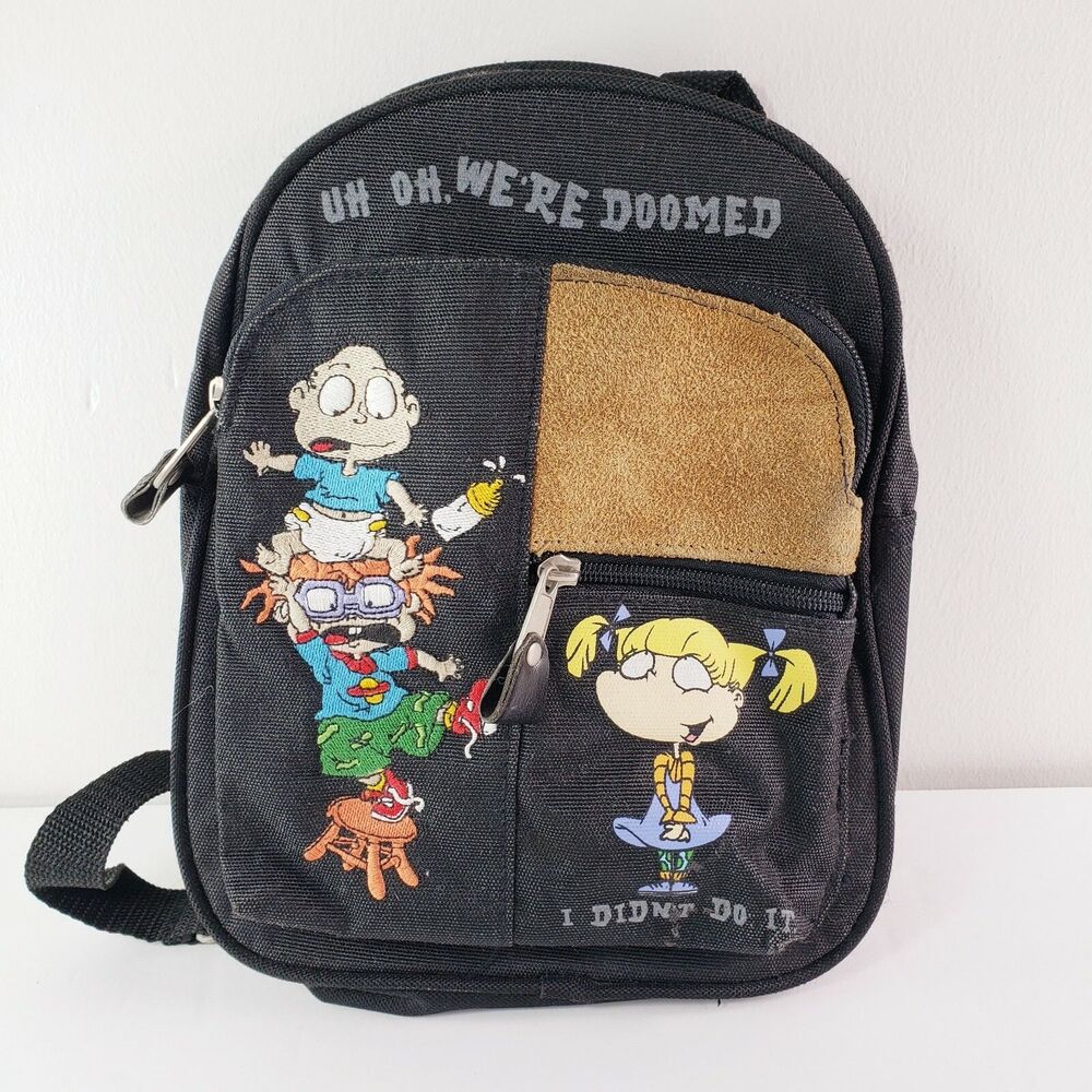 Vtg Rugrats Backpack Black Purse Embroider Characters Tommy Chucky Angelica Y2K